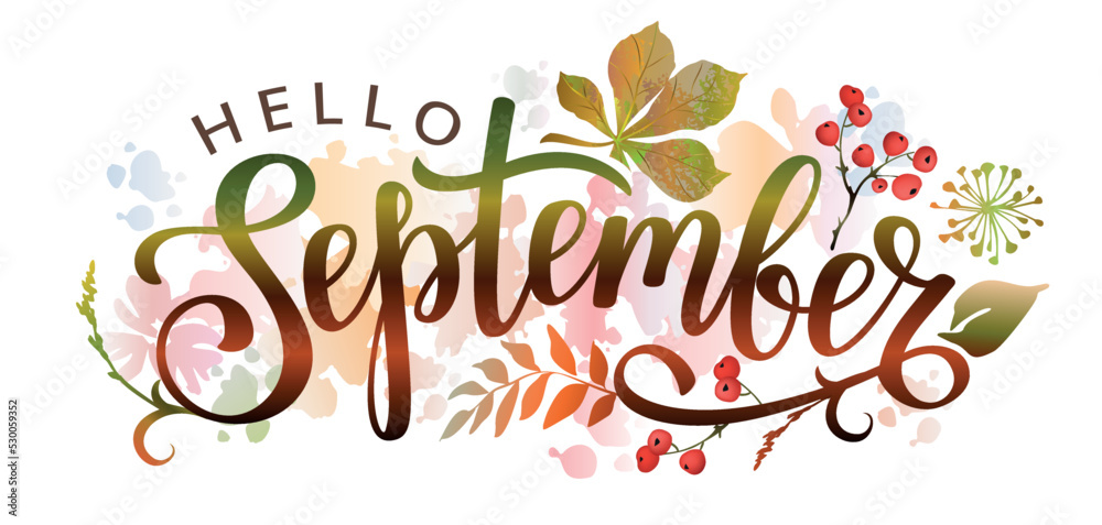 Hello September. Handwritten lettering with autumn leaves. Word for typography, postcard, calendar, monthly organizer.