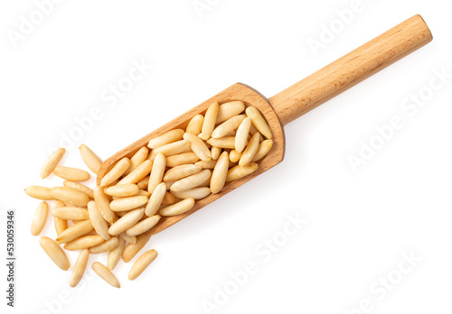Roasted pine nuts in the wooden scoop, isolated on white background, top view. photo
