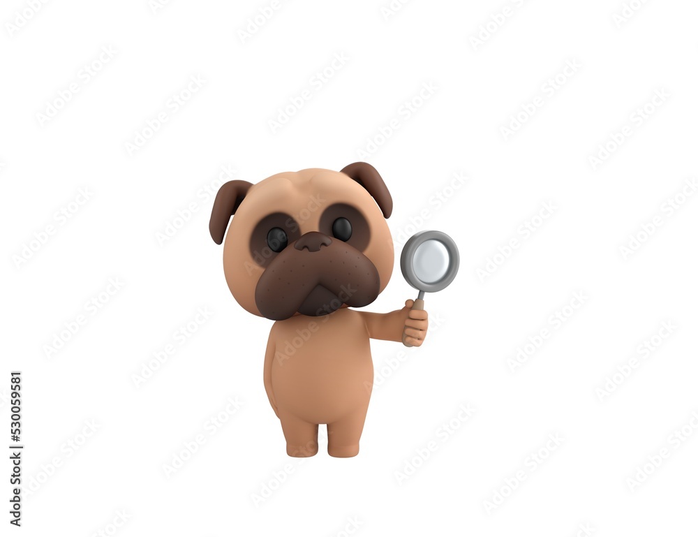 Obraz premium Little Pug character holding magnifying glass in 3d rendering.