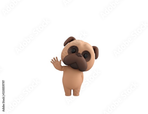 Little Pug character raising right hand in 3d rendering.