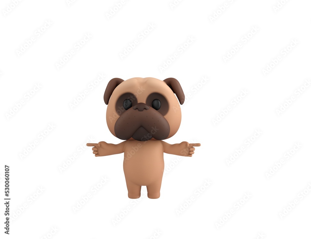 Naklejka premium Little Pug character pointing finger two side in 3d rendering.