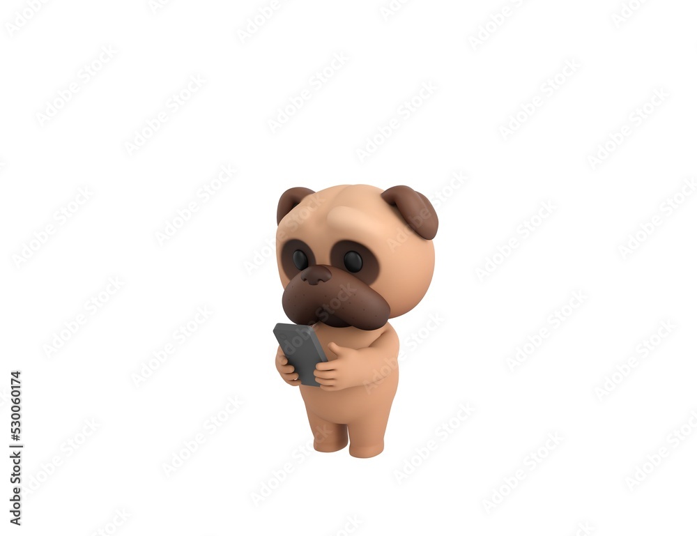 Naklejka premium Little Pug character types text message on cell phone in 3d rendering.