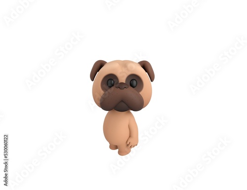 Little Pug character standing and look up to camera in 3d rendering.