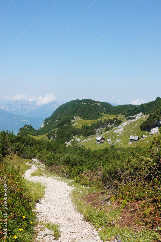The view of Sarsteinalm from the trekking route to Hoher Sarstein mountain, Upper Austria region