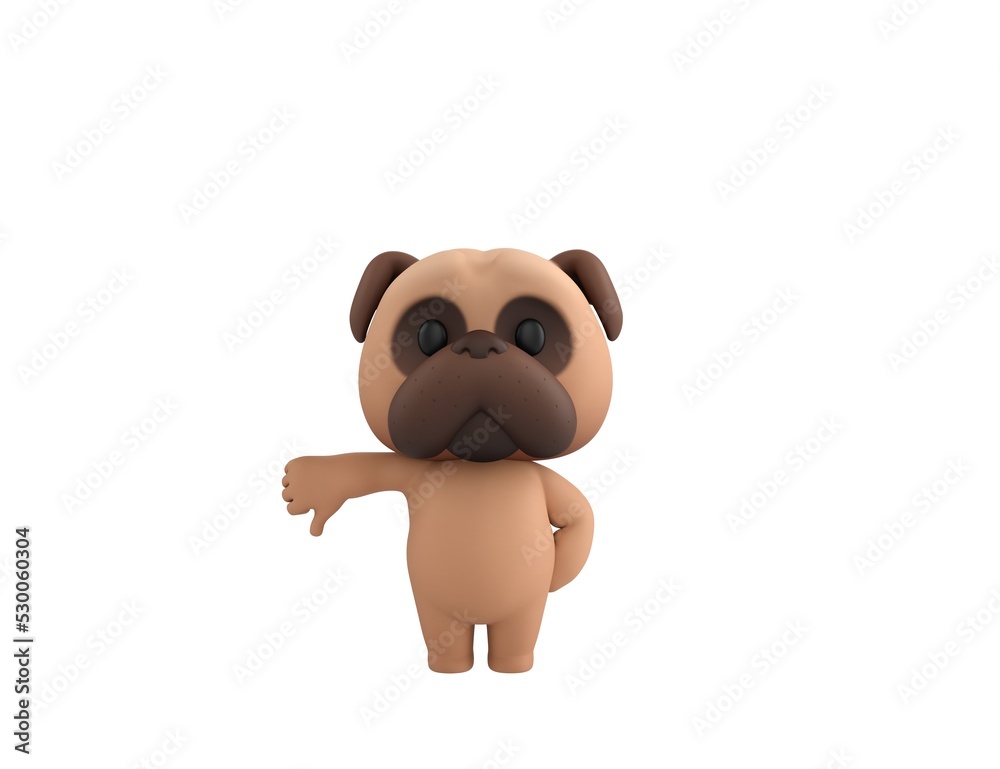 Naklejka premium Little Pug character showing thumb down in 3d rendering.