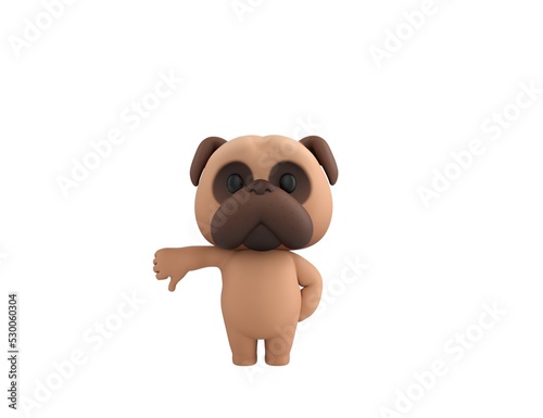 Little Pug character showing thumb down in 3d rendering.