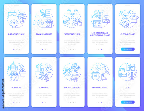 PESTLE in project management blue gradient onboarding mobile app screen set. Walkthrough 5 steps graphic instructions with linear concepts. UI, UX, GUI template. Myriad Pro-Bold, Regular fonts used