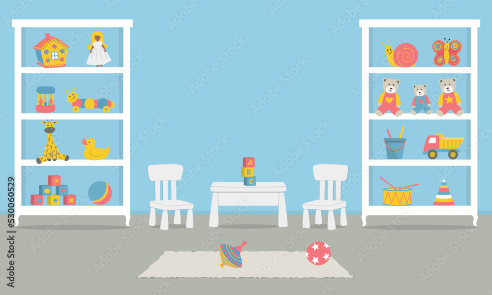 Playroom. Kid's room interior for a baby in a blue color. There are wardrobes with toys, a table, two chairs in the picture. Vector illustration