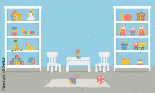 Playroom. Kid's room interior for a baby in a blue color. There are wardrobes with toys, a table, two chairs in the picture. Vector illustration