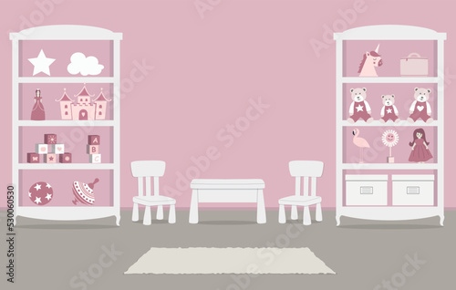 Playroom. Kid's room interior for a baby in a pink color. There are wardrobes with toys, a table, two chairs in the picture. Vector illustration