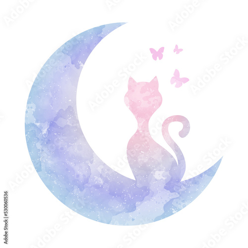 Watercolor design cat on the crescent moon, isolated kitty and butterflies in the night sky