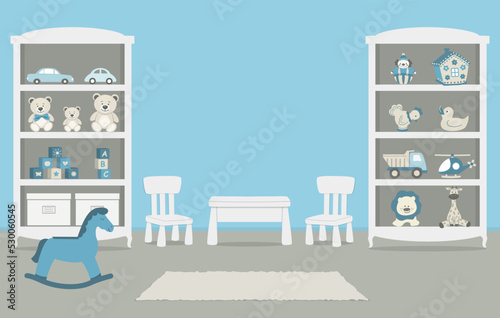 Playroom. Kid's room interior for a baby in a blue color. There are wardrobes with toys, a table, two chairs, rocking horse in the picture. Vector illustration.