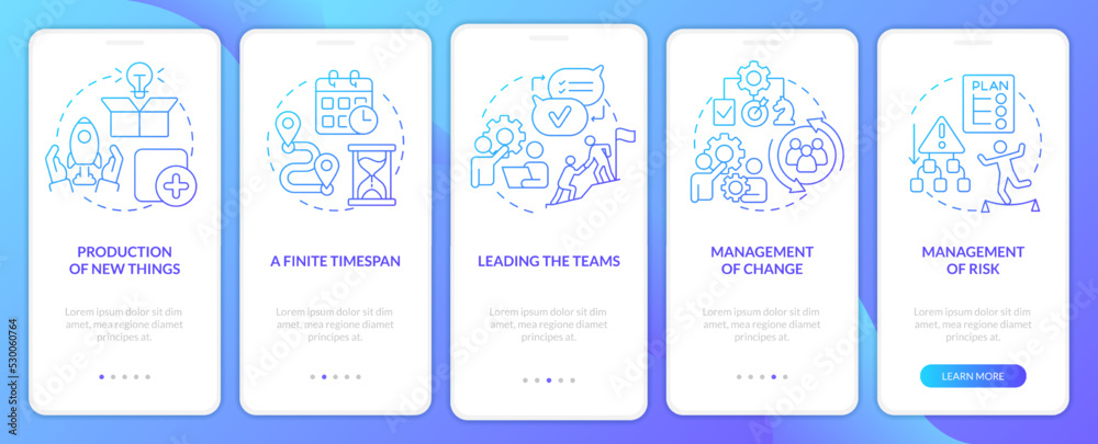 Project management blue gradient onboarding mobile app screen. Organization walkthrough 5 steps graphic instructions with linear concepts. UI, UX, GUI template. Myriad Pro-Bold, Regular fonts used
