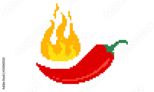 Vector illustration of chilli pepper with fire in pixel art style. Vector icon of pixilated red chili pepper on isolated background.