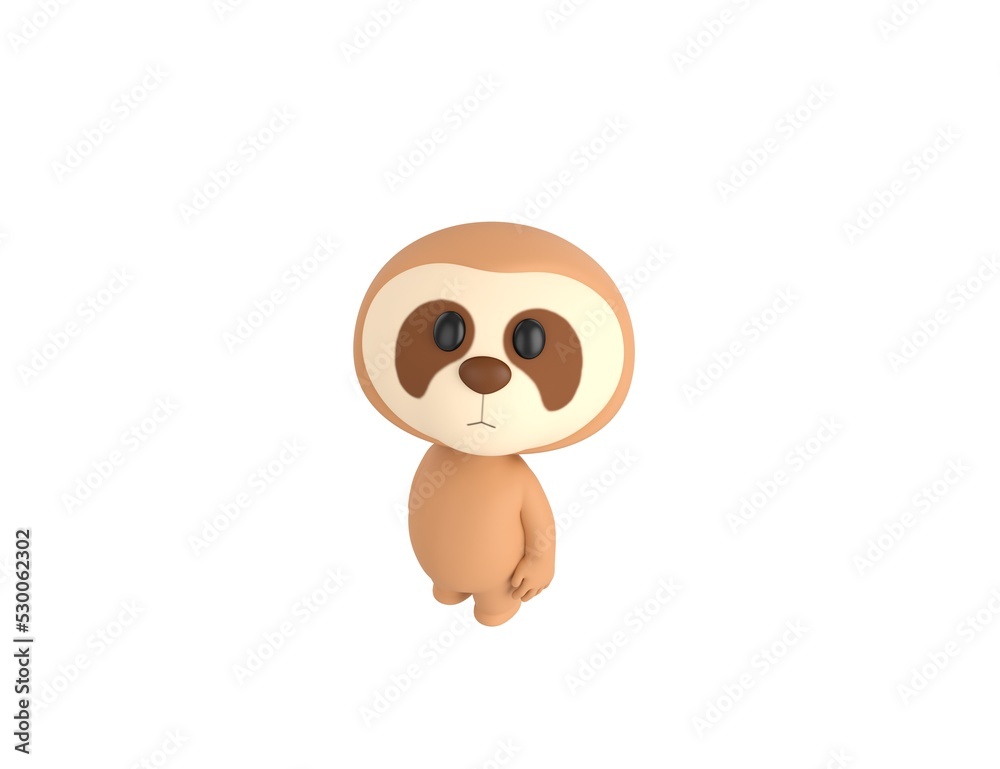 Little Sloth character standing and look up to camera in 3d rendering.