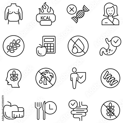 Nutrition, Healthy food and Detox Diet icons set. Set of editable stroke icons.Vector set of Nutrition, Healthy food and Detox Diet 