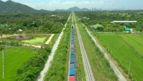 Aerial view of freight trains with containers, freight trains are moving. logistics for export