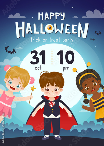 Halloween party poster with cartoon kids in costume. Halloween invitation template with adorable dressed children.