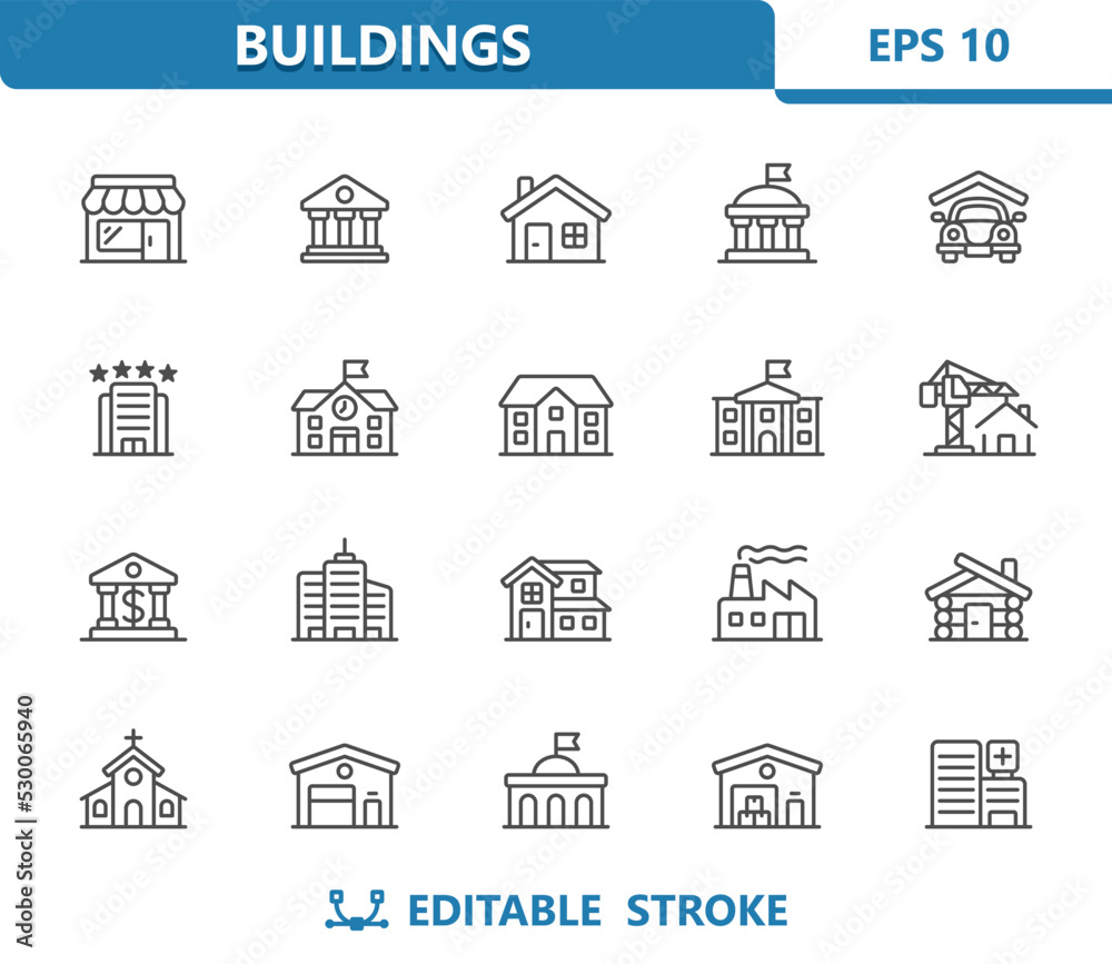 Buildings Icons. Real Estate, Building, House, Store, School, Garage, Hotel, Church, Cabin, Hospital, Factory