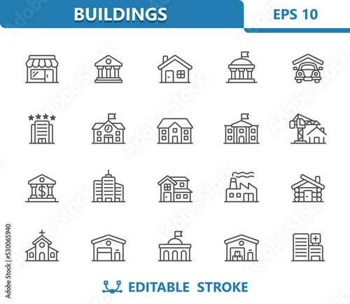 Buildings Icons. Real Estate, Building, House, Store, School, Garage, Hotel, Church, Cabin, Hospital, Factory