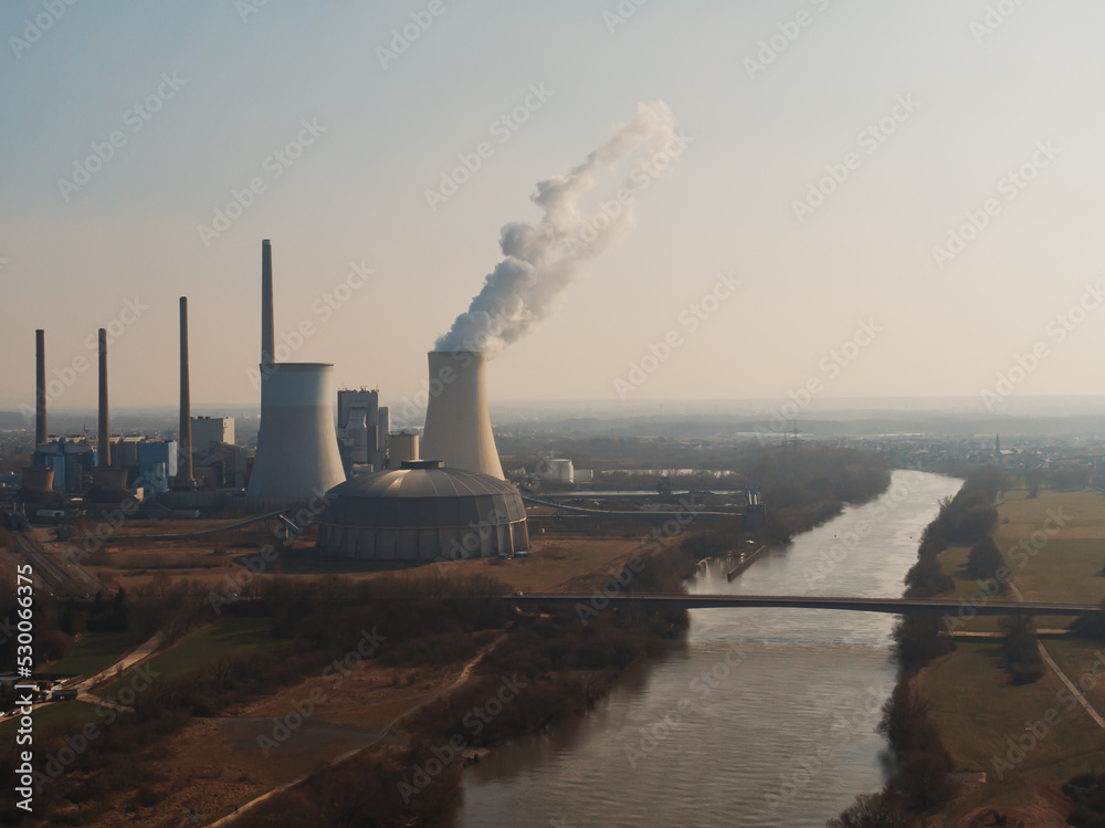 Aerial drone shot of coal fired power station during energy crisis and high inflation