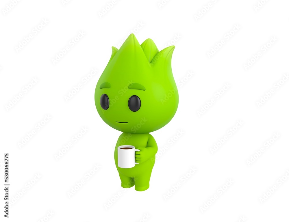 Nature Mascot character holding white coffee mug in 3d rendering. Nature Mascot character holding white coffee mug in 3d rendering.