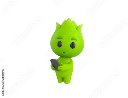 Nature Mascot character using smartphone and looking to camera in 3d rendering.