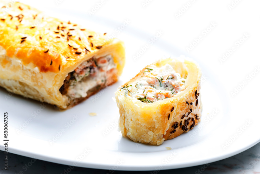 puff pastry filled with salmon, dill and cream cheese