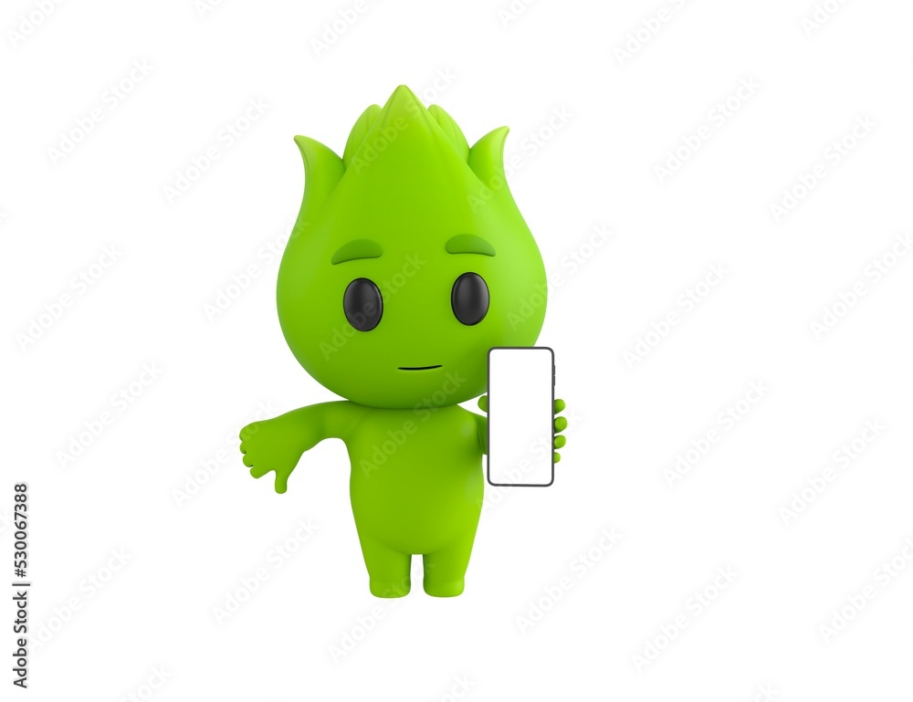 Nature Mascot character show his phone and give thumb down in 3d rendering. Nature Mascot character show his phone and give thumb down in 3d rendering.
