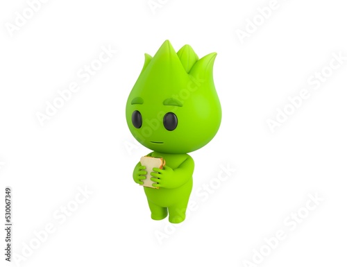 Nature Mascot character eating sandwich in 3d rendering.