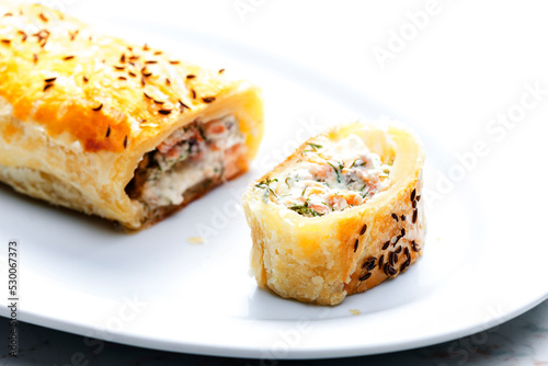 puff pastry filled with salmon, dill and cream cheese