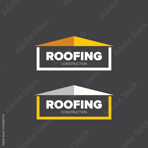 Roofing construction logo design template with roof top and slogan siolated on grey background. Vector Real estate logo or label with stylized roof