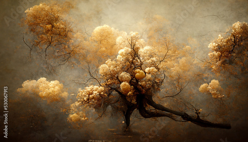 Print op canvas Creative painting of cherry trees on brown background in the style of Rembrandt,
