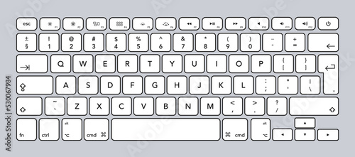 Computer keyboard with black outline. White keyboard entry set with letters and numbers. Vector isolated mockup. Bright buttons with letters and numbers. Vector illustration.