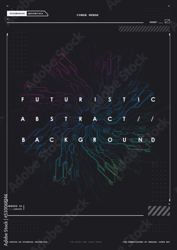 Tech Abstract poster template with HUD elements. cyber culture, Modern flyer for web and print. hacking, Cyberpunk futuristic poster. programming and virtual environments.