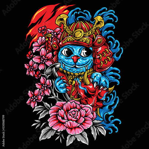 samurai cat wolf illustration design, can be used for merchandise, posters, t-shirt designs, etc
