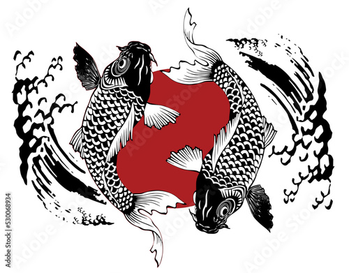 carp fish illustrator pattern on water wave graphic in Japan oriental style. The crap fish is meaning to good health and luck on Japanese culture.