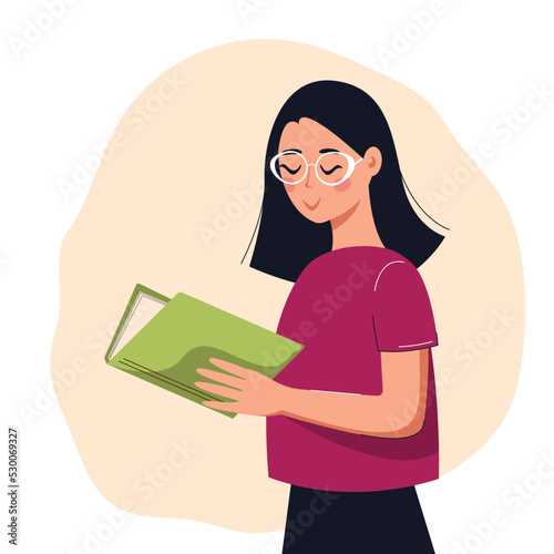 Smiling woman in glasses reading book. Concept of books, education, reading, development. Isolated vector illustration.