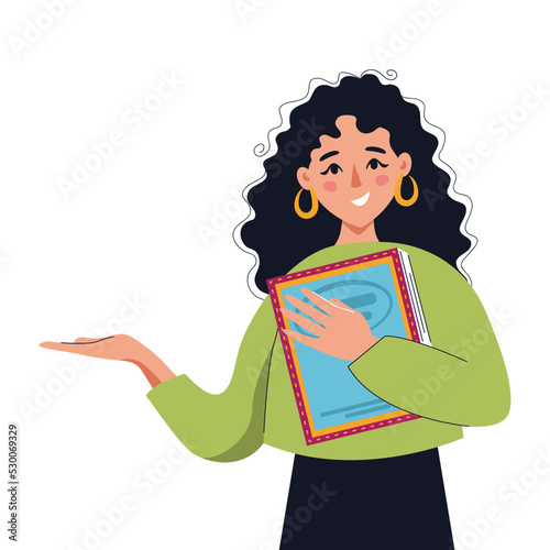 Happy smiling woman holding book pointing to something. Concept of books, education, reading, development. Isolated vector illustration.