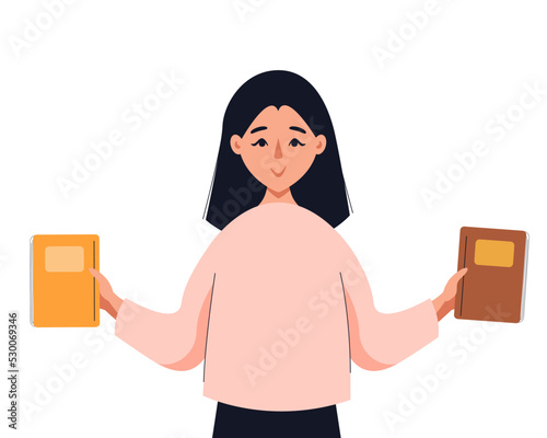 Smiling girl holding two books. Concept of books, education, reading, development, choice. Isolated vector illustration.