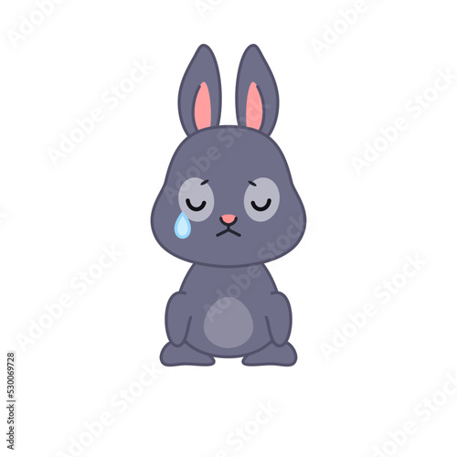 Cute crying bunny. Flat cartoon illustration of a little sad rabbit isolated on a white background. Vector 10 EPS.