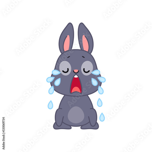 Cute crying bunny. Flat cartoon illustration of a funny little black rabbit in tears isolated on a white background. Vector 10 EPS.