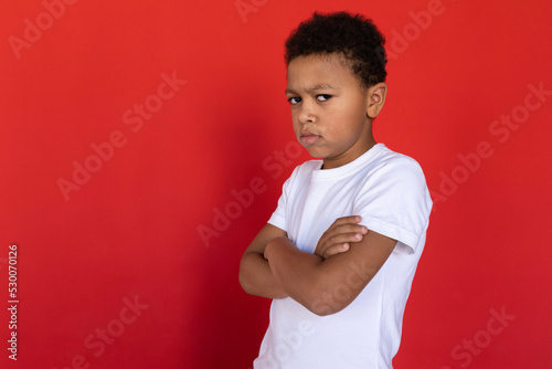 Cuadro en lienzo Portrait of resentful preteen boy wearing white T-shirt standing with folded arms