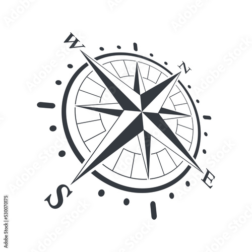 Compass graphic icon. Wind rose sign. Compass in perspective symbol isolated on white background. Vector illustration