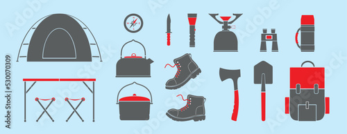Hiking, Camping, Trekking, equipment set. Travel, Tourist, outdoor, camp accessories. Outdoor activity. Backpack, tent, bowler hat, compass, flashlight, hiking boots. Isolated flat vector illustration