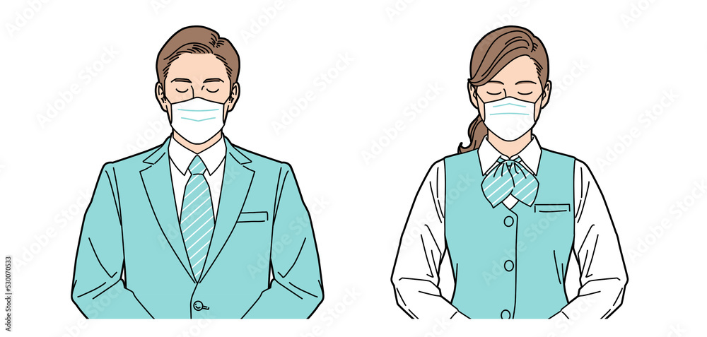 人物イラスト 受付 ビジネスマン 男女 正面 マスクあり 人物イラスト 受付 ビジネスマン 男女 正面 マスクあり