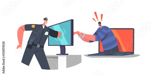 Policeman Character Put Handcuffs on Bulgar Hands through Pc Desktop, Cyber Police Work Online. Cop Catch Robber