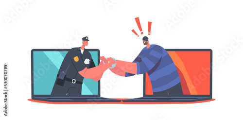 Cyber Police Concept. Policeman Character Put Handcuffs on Bulgar Hands, Cop Catch Robber through Laptop Desktop