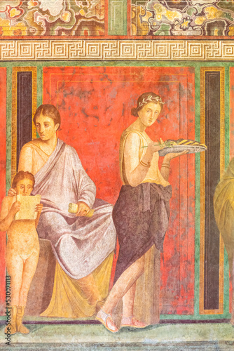 Photography Close-up on colorful ancient roman fresco decorating house wall in Pompeii showi