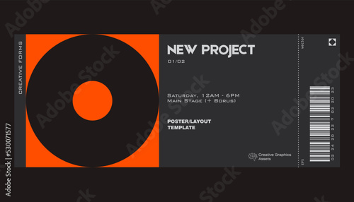 Modern exhibition ticket template layout made with abstract vector geometric shapes. Brutalism inspired graphics. Great for branding presentation, poster, cover, art, tickets, prints, etc.